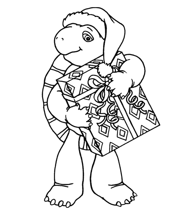 Coloriage a imprimer Franklin recoit un cadeau de noel gratuit et colorier