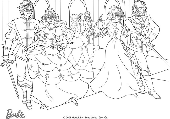 coloriage barbie et les 3 mousquetaires au bal masque