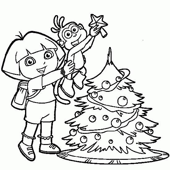 coloriage Dora et babouche decorent le sapin de noel