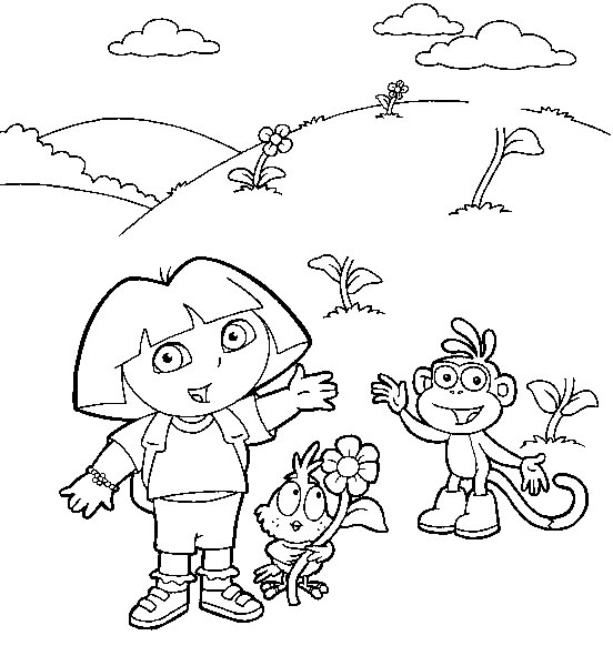 coloriage dora et babouche dans les fleurs