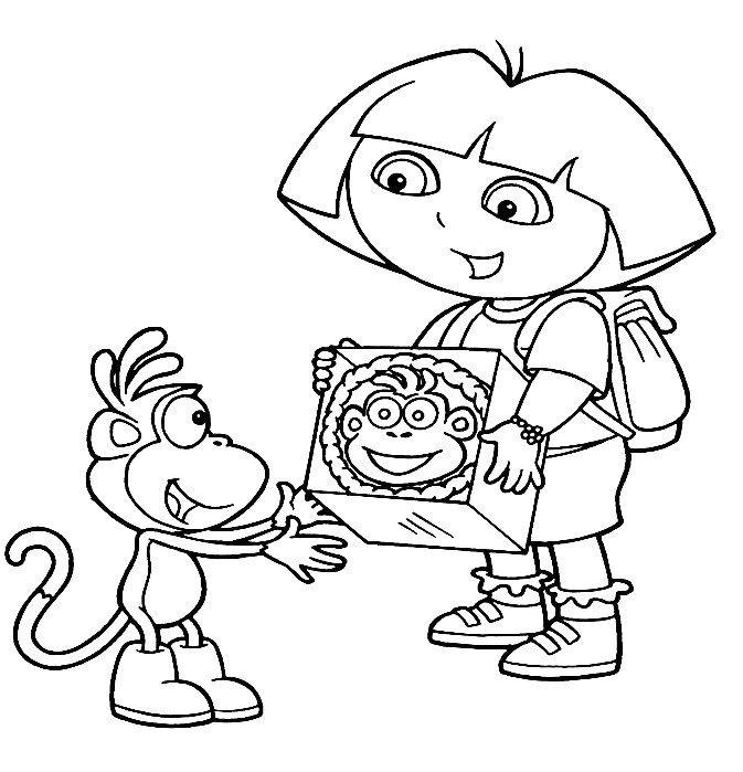 coloriage dora offre un cadeau a babouche